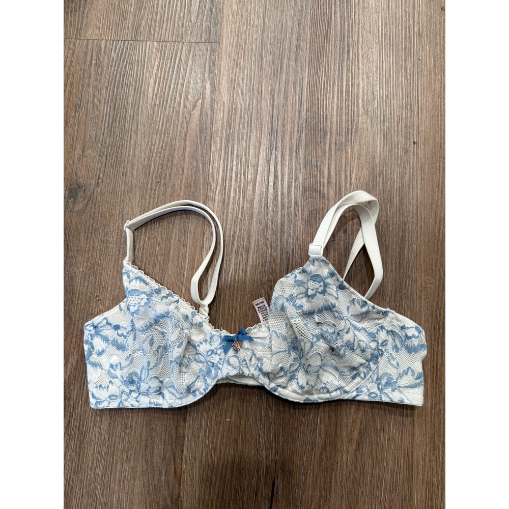 Victorias Secret Blue White Floral Lace Unlined Underwire Balconette Bra‎ 36C